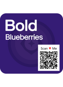 Close-up of labels with scannable QR codes for blueberries, strawberries, and grapes, powered by traceability solutions for fresh produce.